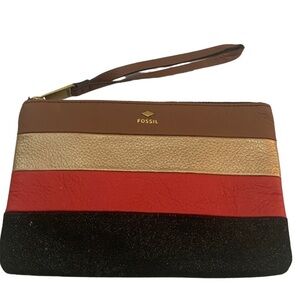 Fossil striped brown cowhide leather wristlet, brown, black, red, gold, bohemian